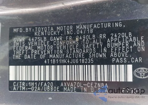 2018 Toyota Camry Le from USA, damaged, VIN 4T1B11HK4JU618235